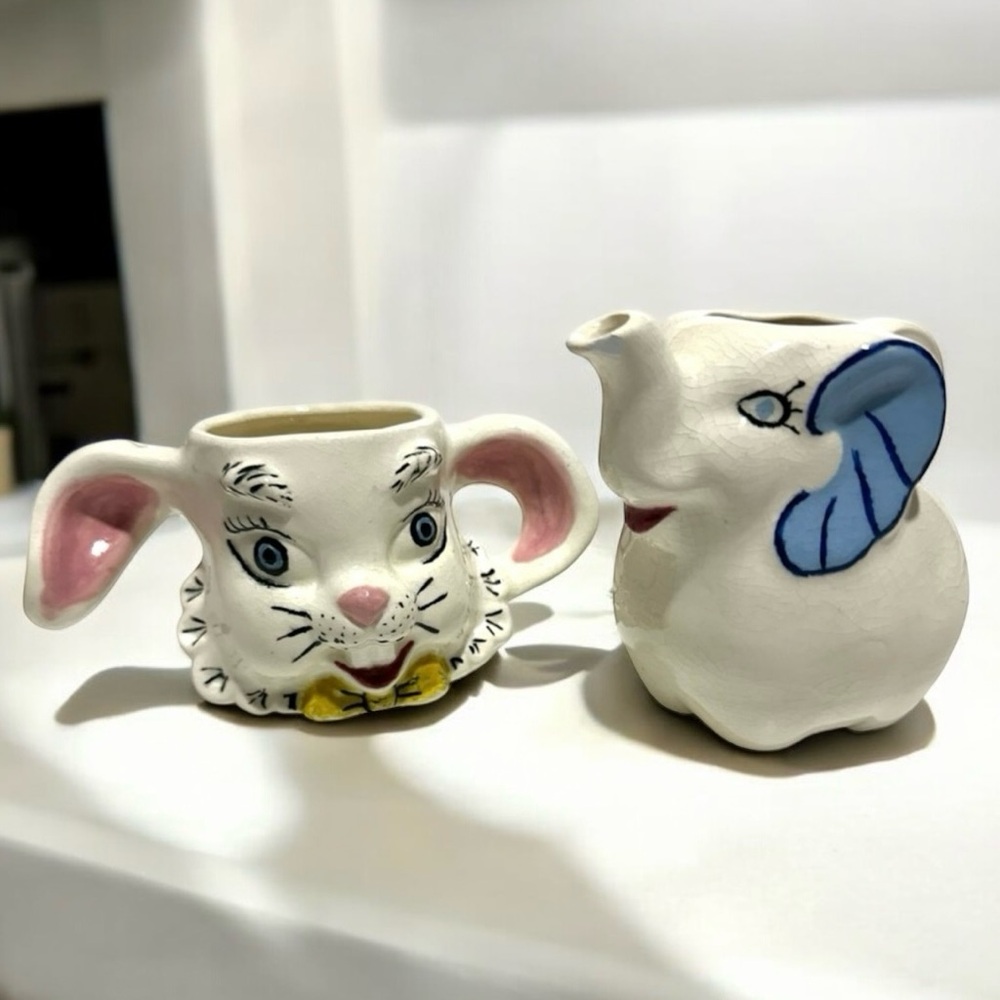 Vintage Cream & Sugar Set Rabbit & Elephant